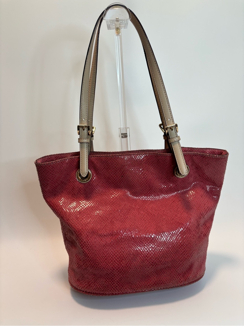 MICHAEL KORS ($278) Ket Set Salmon Python-Embossed Leather Tote Bag